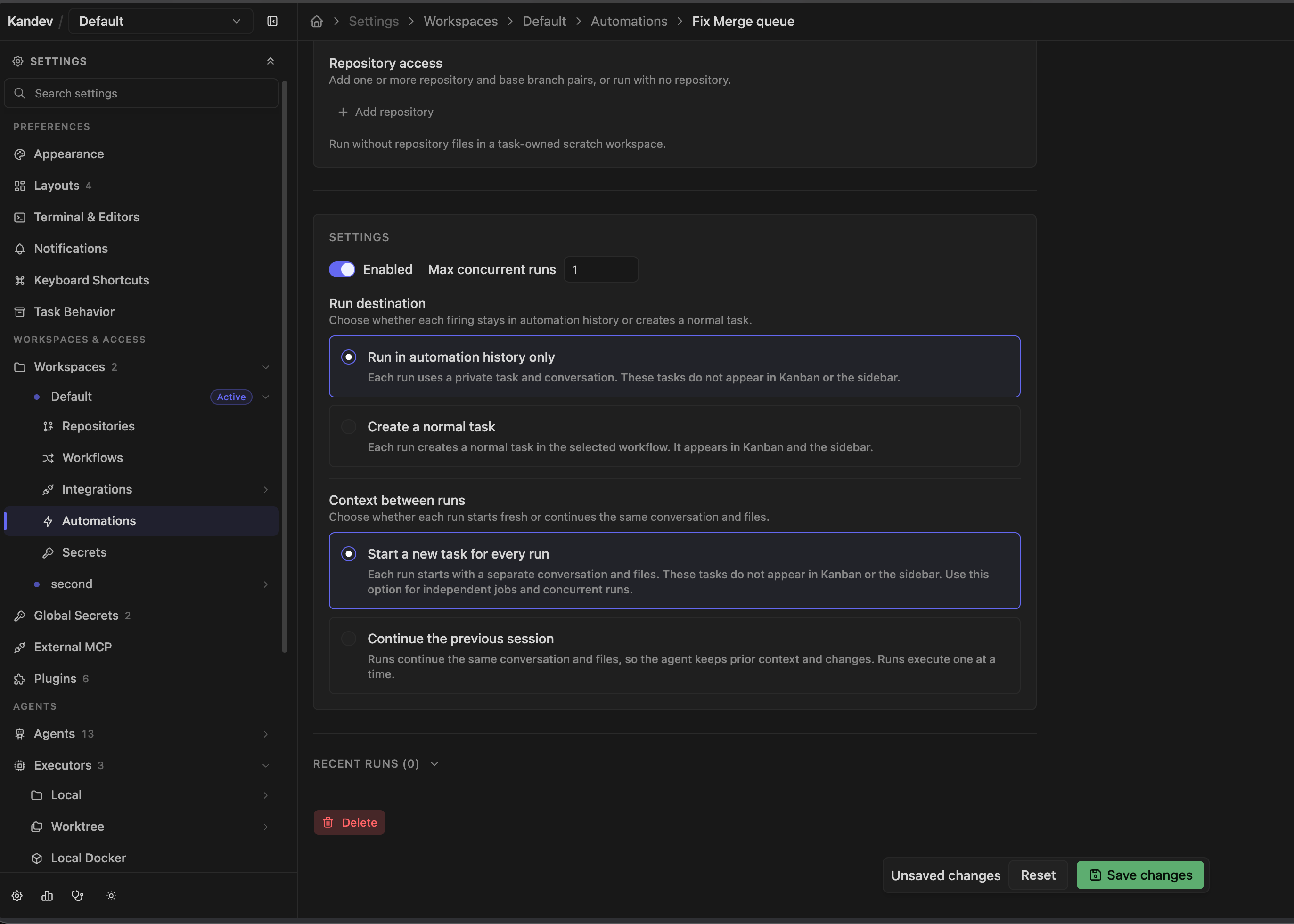 Automation editor showing repository access, run destination, context between runs, concurrency, and Save changes.