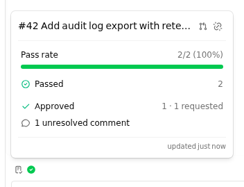 The host-owned composer CI popover showing two passing checks, review state, an unresolved comment, and refresh and unlink controls.