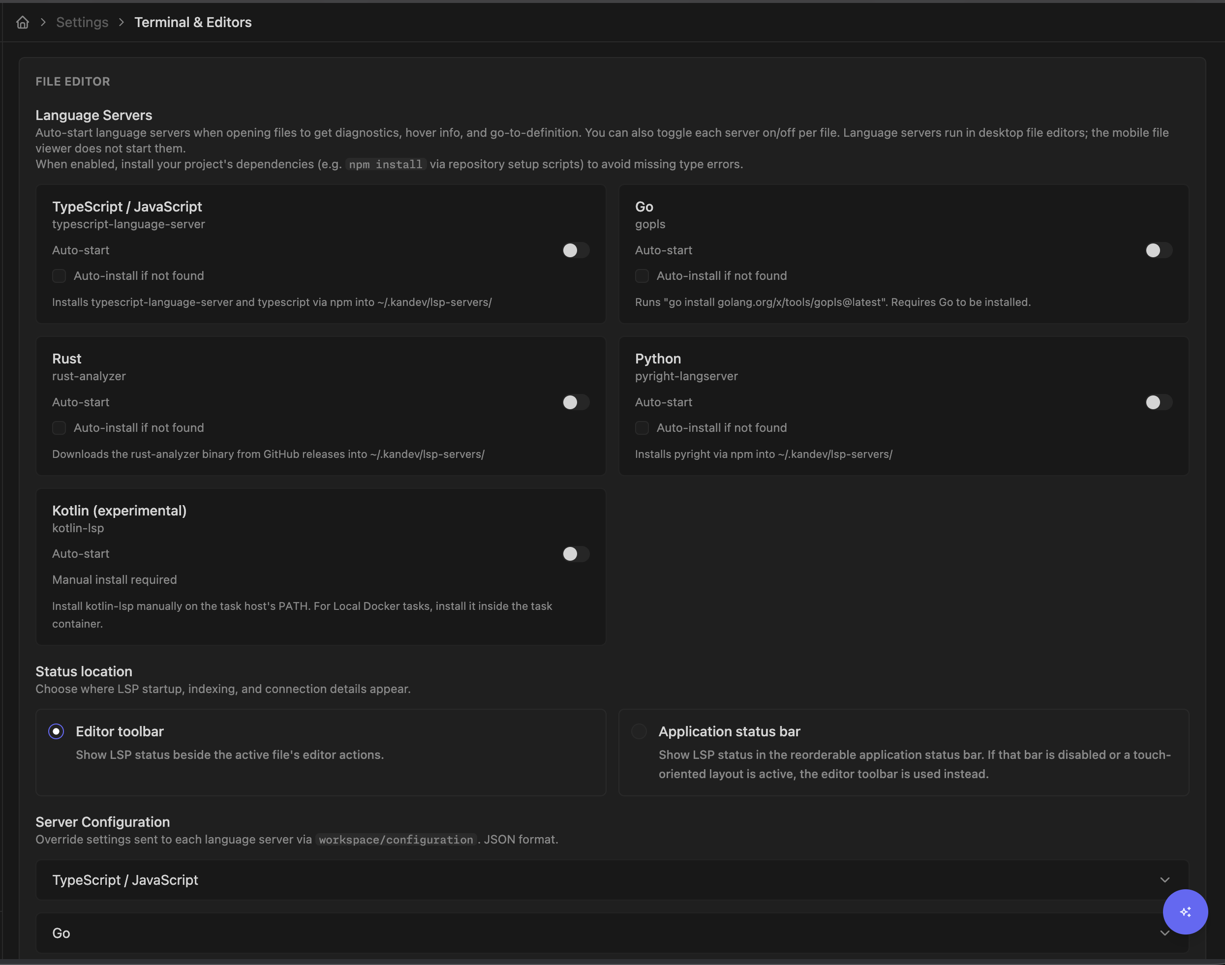 Settings > Preferences > Terminal & Editors showing language-server cards, auto-start controls, status location, and server configuration.