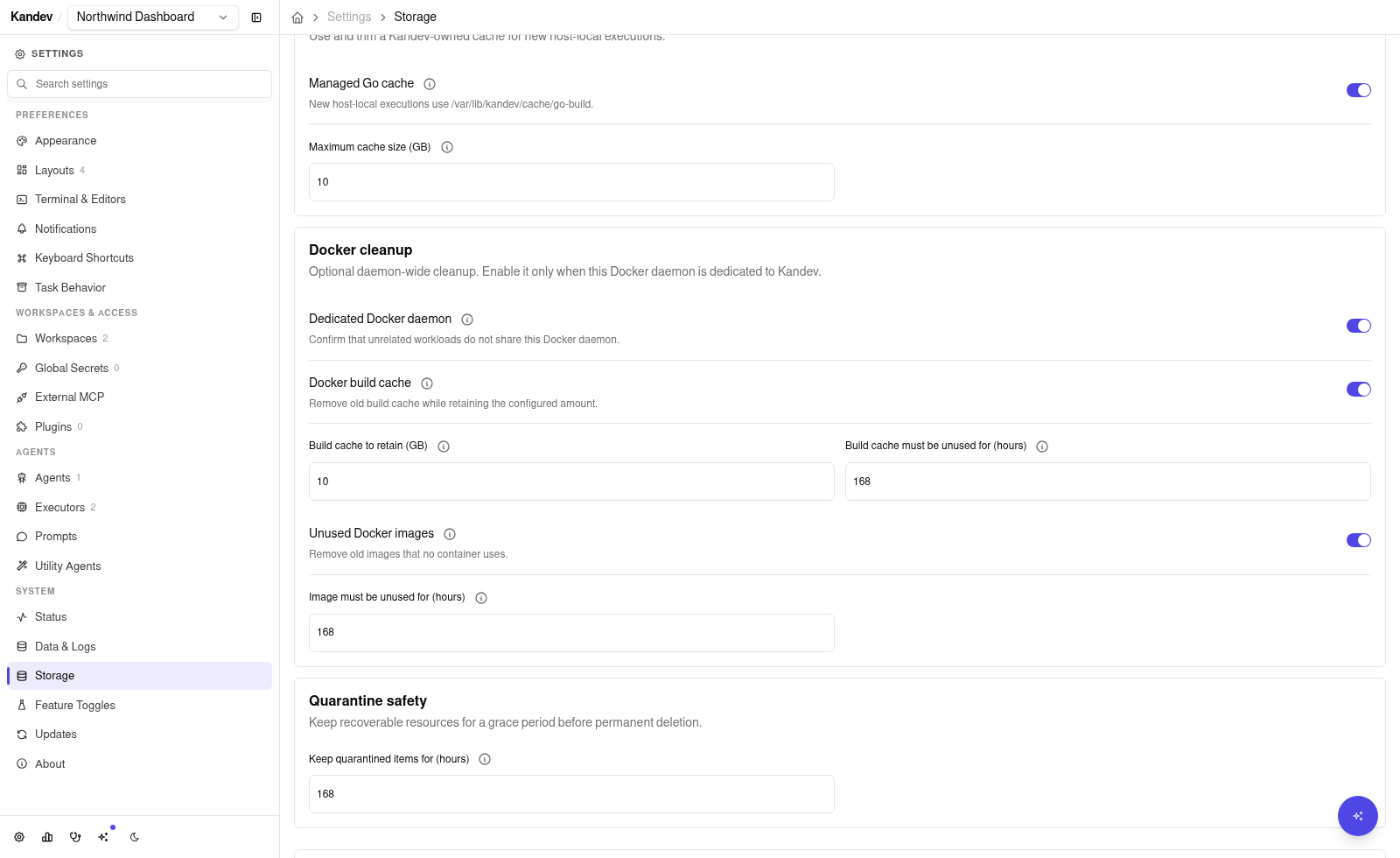 Settings > System > Storage showing Docker cleanup controls, cache retention, unused image cleanup, and quarantine safety.