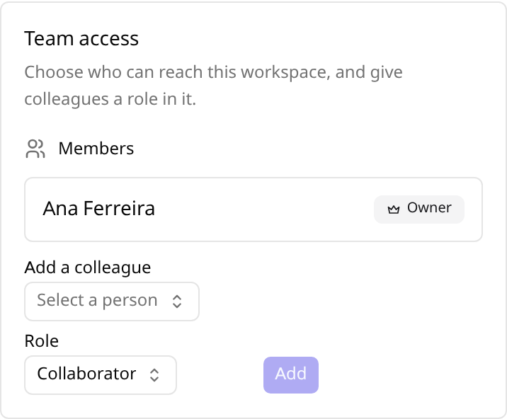 The Team access card on a narrow phone viewport, with the members list and the add-member controls stacked vertically.