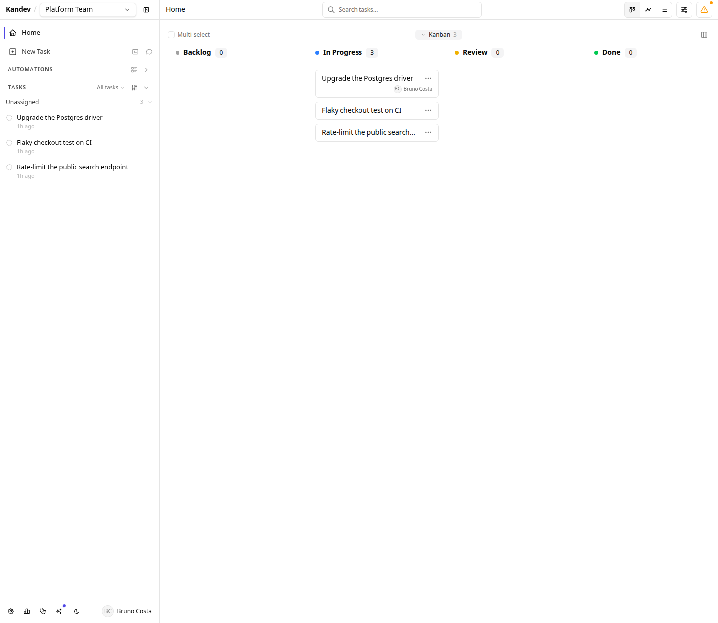 A kanban board titled Platform Team seen by Bruno Costa, showing three tasks in the In Progress column and the same three tasks in the sidebar task list.