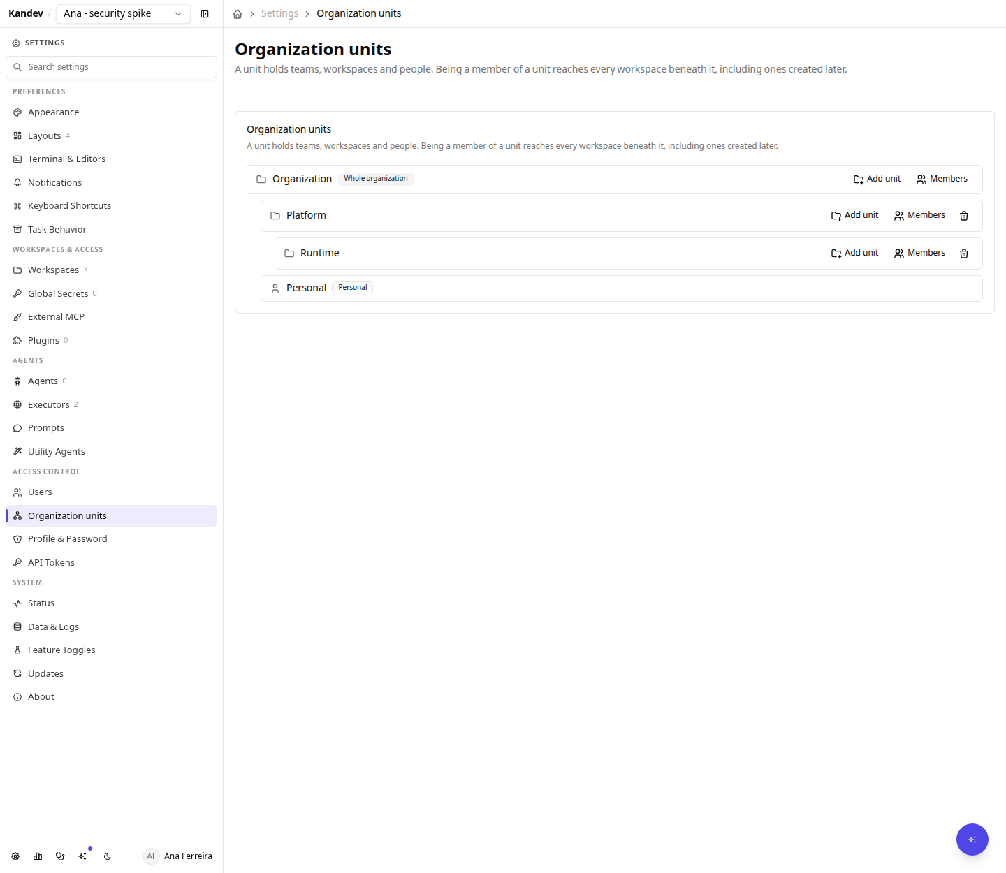The Organization units page showing a tree: the organization root at the top, a Platform department beneath it, a Runtime team beneath that, and a personal unit.