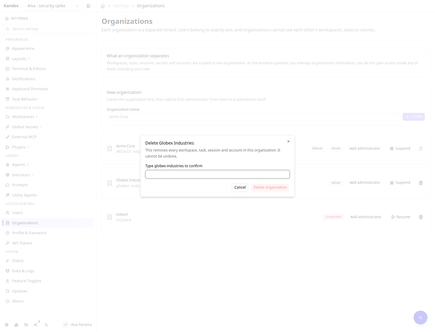 A confirmation dialog titled "Delete Globex Industries" warning that this removes every workspace, task, session and account in the organization and cannot be undone, with a field to type the slug to confirm.
